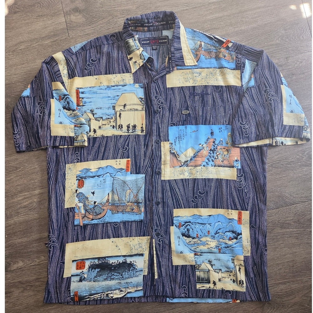 Phat Farm Button Down Mens XXL Navy Japanese Art Print Y2K Streetwear